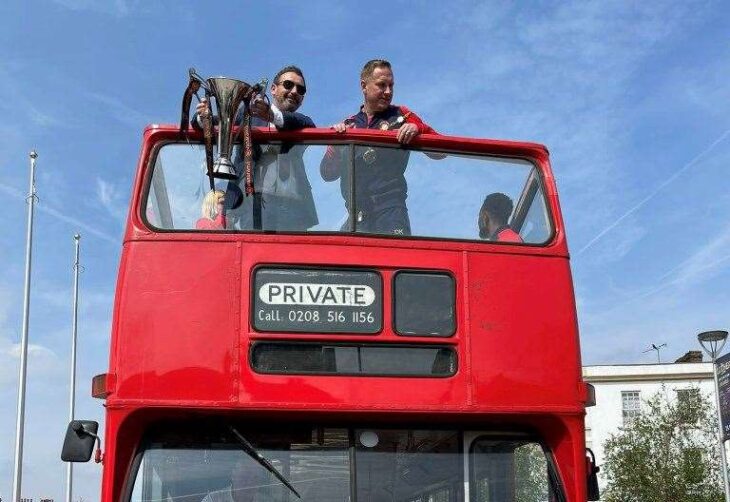 Ebbsfleet United FC champions welcomed home with open-top bus parade through Gravesend