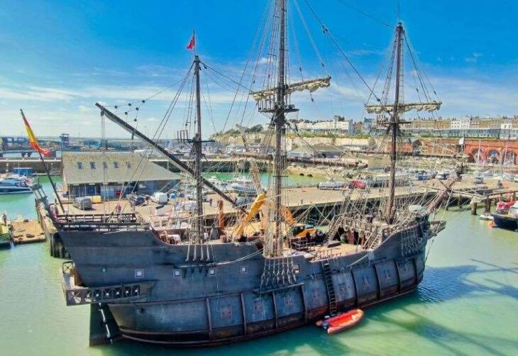 El Galeon Andalucia replica 17th century Spanish Galleon ship docks at Ramsgate Harbour