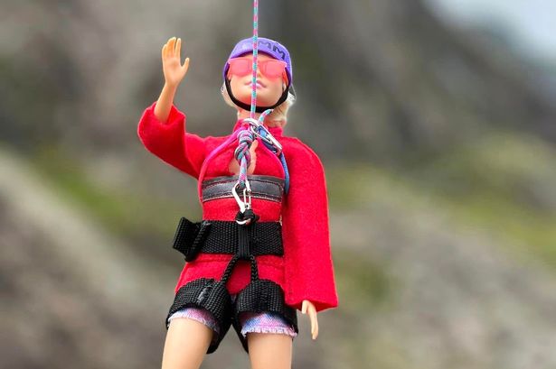 Barbie's Eryri photoshoot in homemade climbing gear