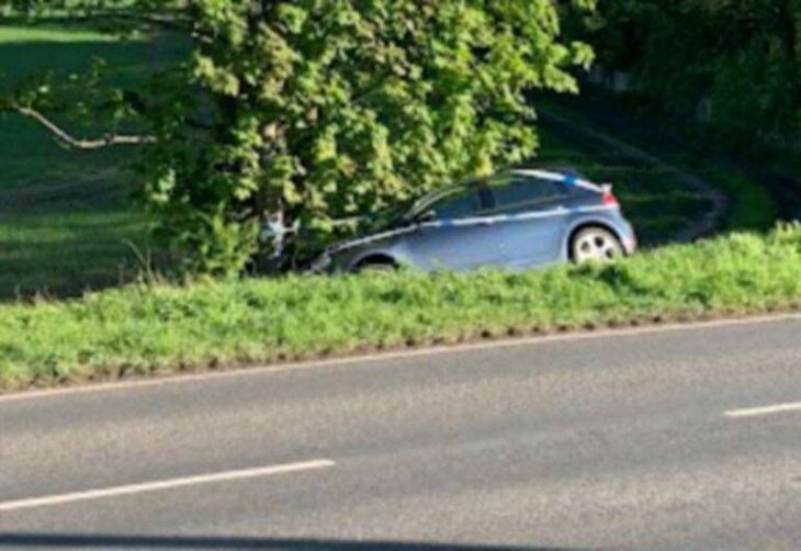 Car stuck on the B2068 Stone Street in Lower Hardres near Canterbury after hitting tree
