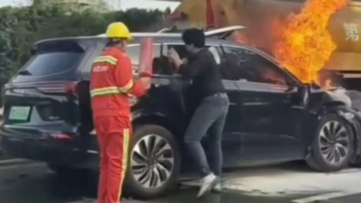 Dramatic moment motorists try to rescue family from burning EV after horror crash before flames engulf car killing three – The Sun