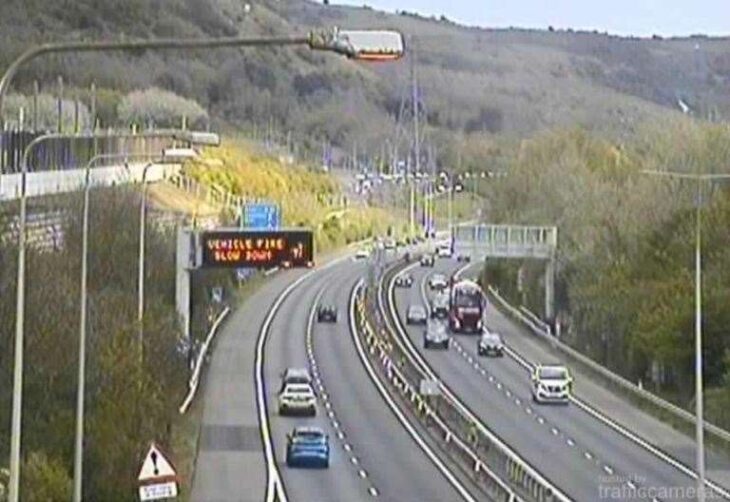 One lane closed on coastbound M20 at Junction 13 for Folkestone following vehicle fire