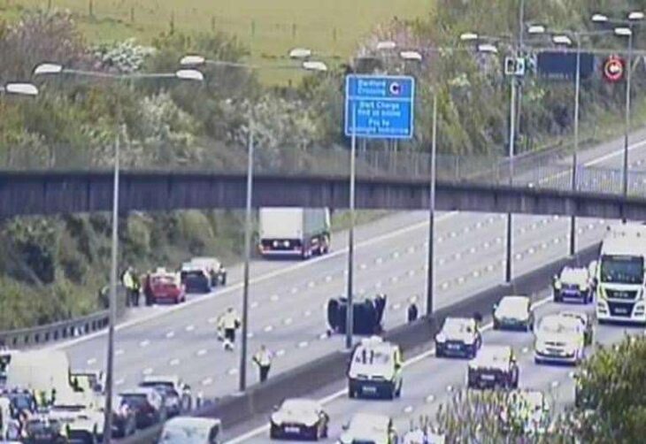 Traffic held on M25 after car overturns near Junction 2 for Darenth Interchange and A2