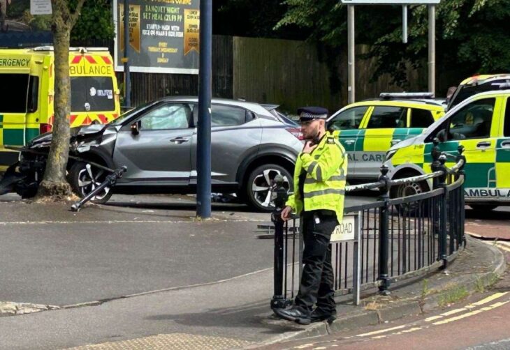 Car crashes through railings into tree on roundabout off Sandling Road and Lower Boxley Road, Maidstone