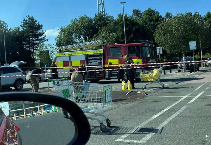 Firefighters at Asda in Kimberley Way, Ashford, opposite Ashford Designer Outlet, following fuel spillage